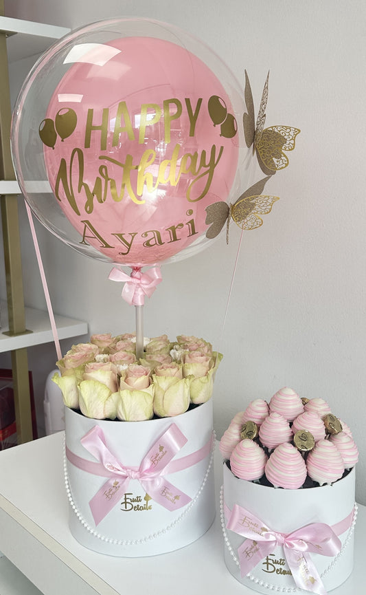 Pink Roses Box With Balloons Personalized For Birthday