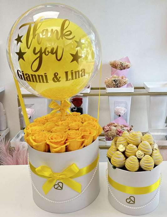 Pink Roses Box With Balloons Personalized For Birthday
